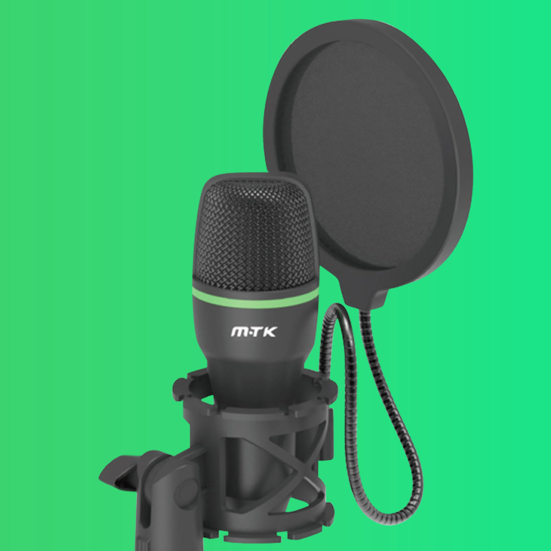 wired podcast microphone with a green background
