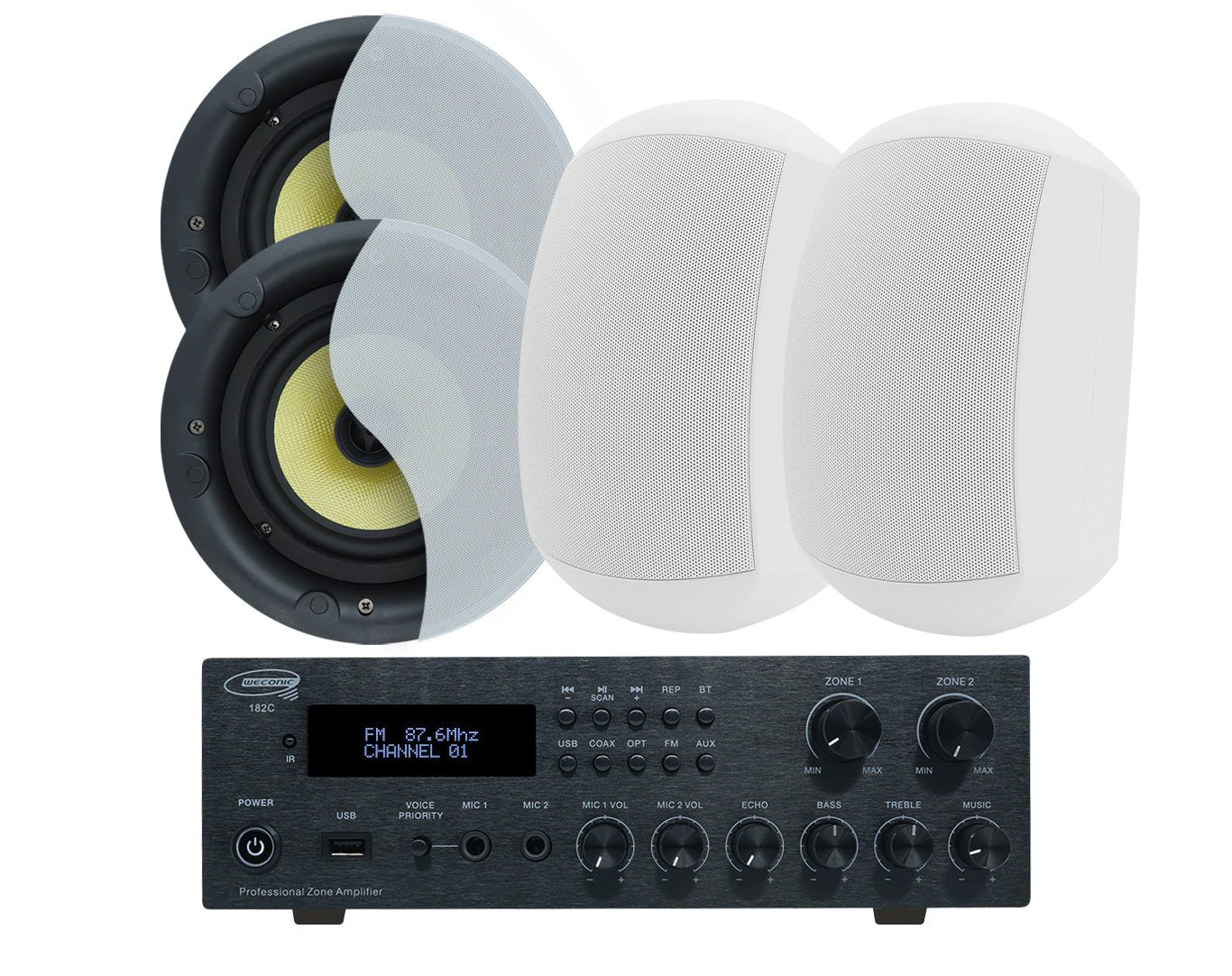 Weconic 6" Indoor Outdoor Ceiling Speaker Package with Bluetooth Amplifier 182C+LGC63+WTP660-WHT