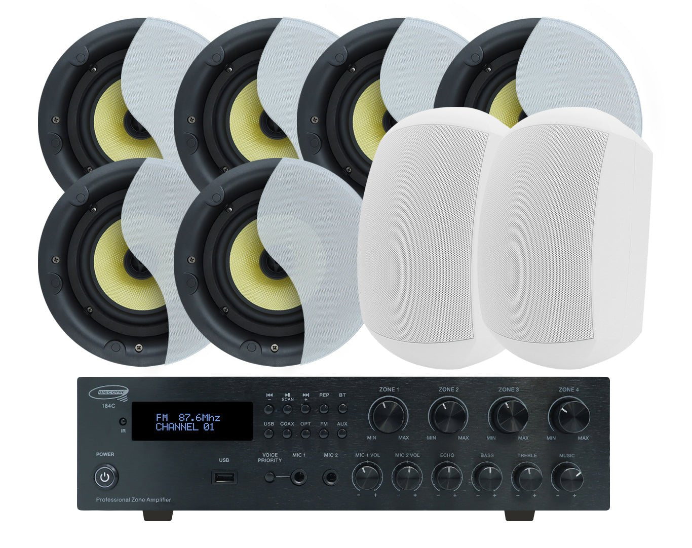 Weconic Indoor Outdoor Speaker Package with 320W Bluetooth Amplifier White 184C+3xLGC63+WTP660WHT