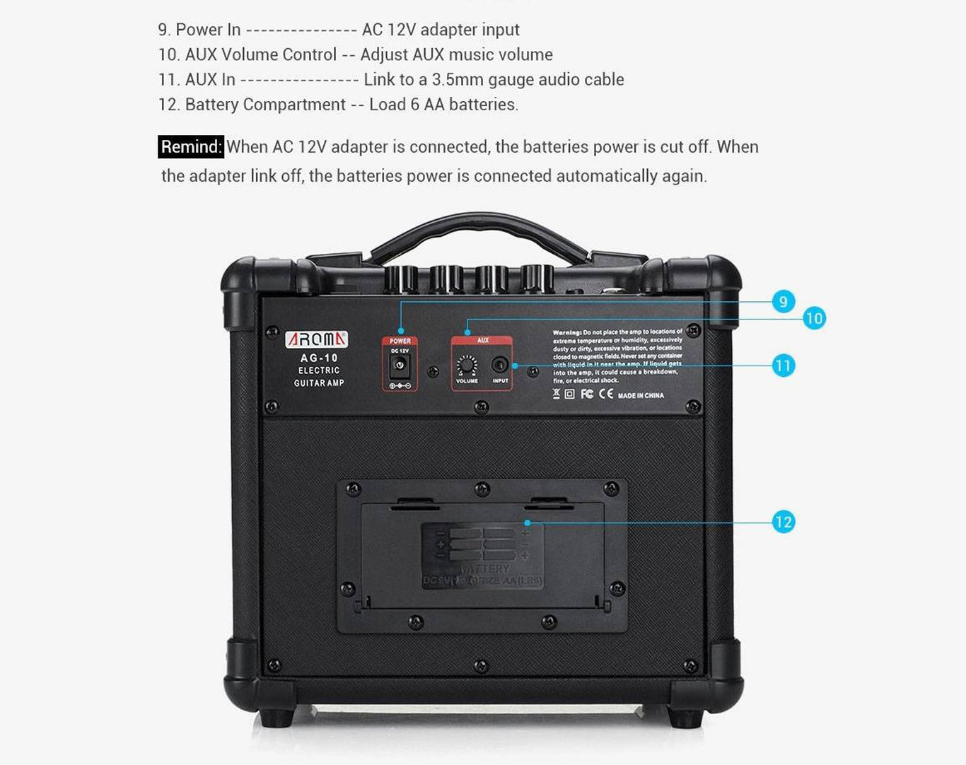 AROMA 10W Portable Guitar Amplifier Black AG10-BLK