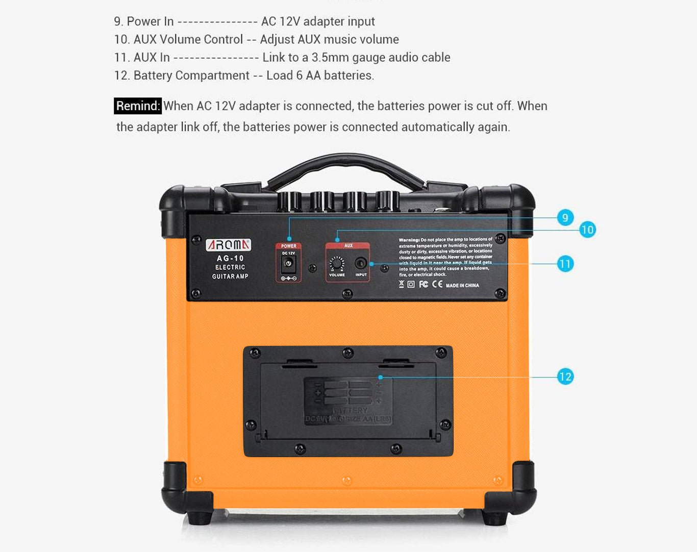 AROMA 10w Portable Guitar Amplifier Orange AG10-ONG
