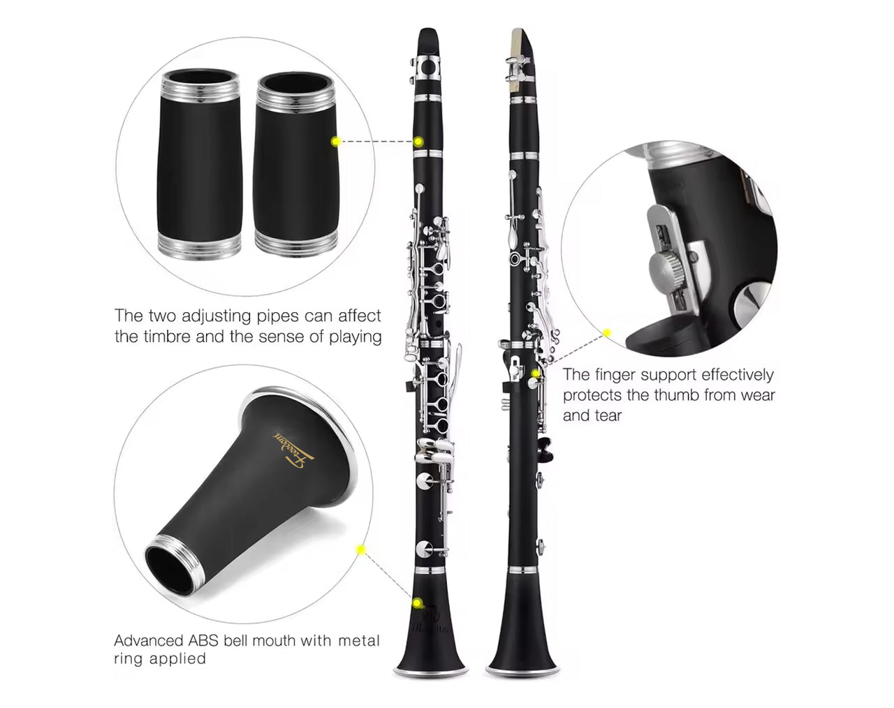 Student Clarinet Black Wood Finish Bb 17 Key with Soft Case MK-104
