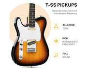 Donner 39" Solid Body Tele Style Left Handed Electric Guitar with Accessories Sunburst DTC-100SL