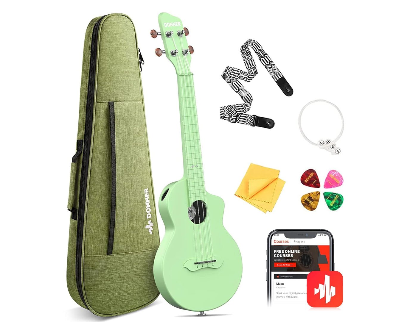 DONNER 23" Carbon Fibre Concert Ukulele 4 String Bundle Green EC1367