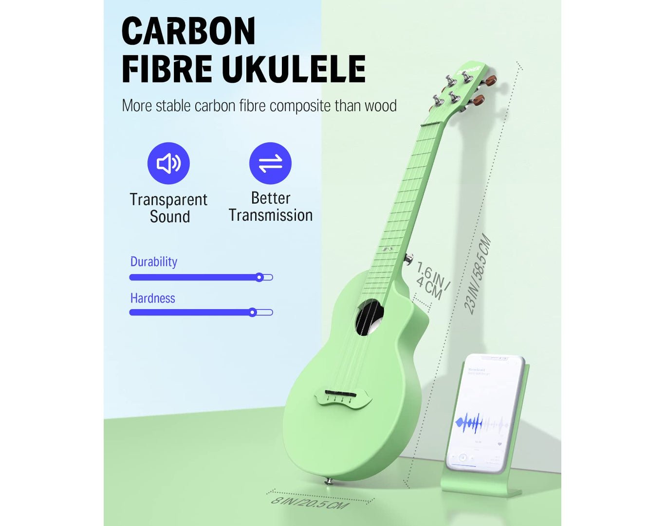 DONNER 23" Carbon Fibre Concert Ukulele 4 String Bundle Green EC1367