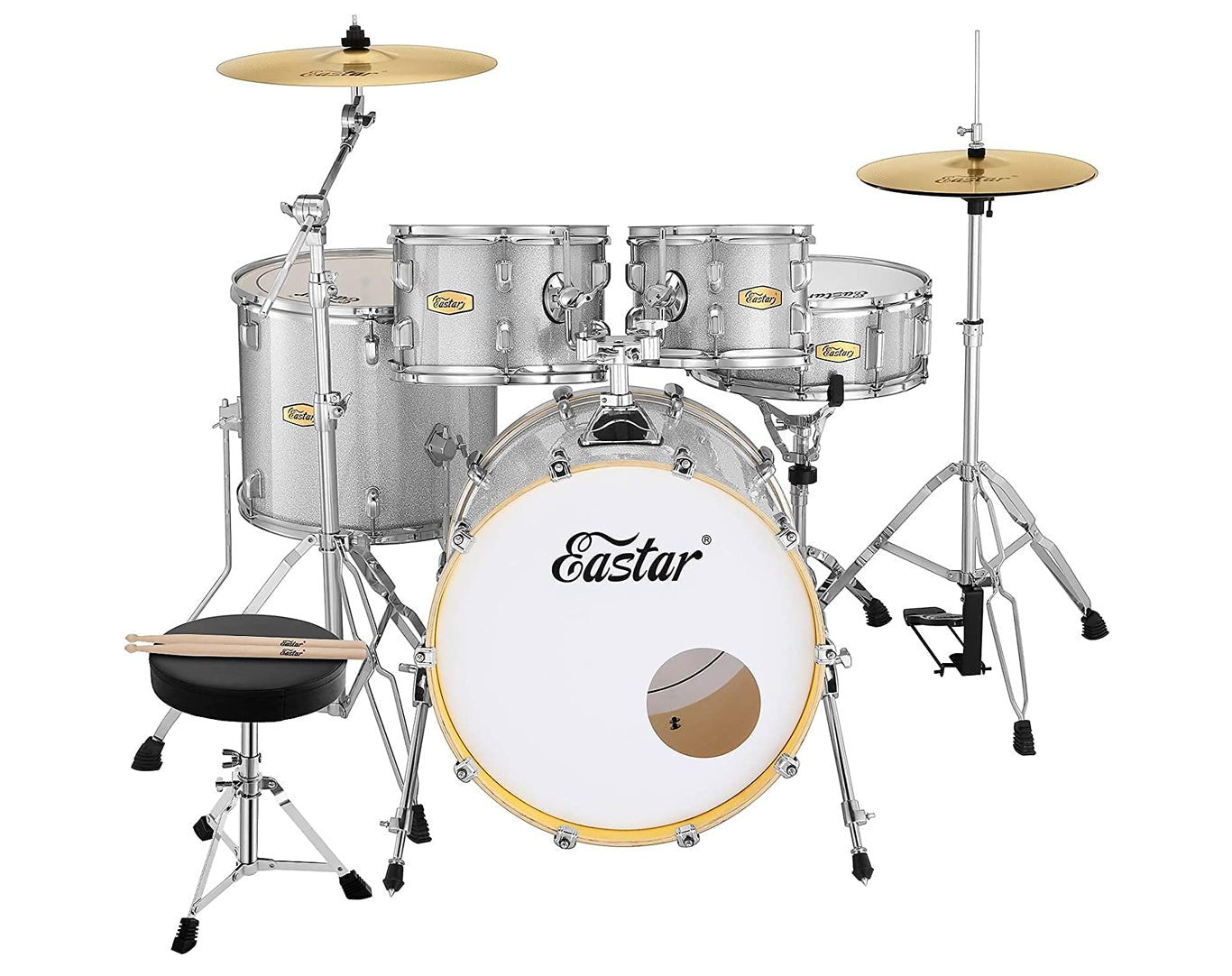 Eastar 5 Piece Birch Acoustic Drum Kit EDS-580 Silver Sparkle