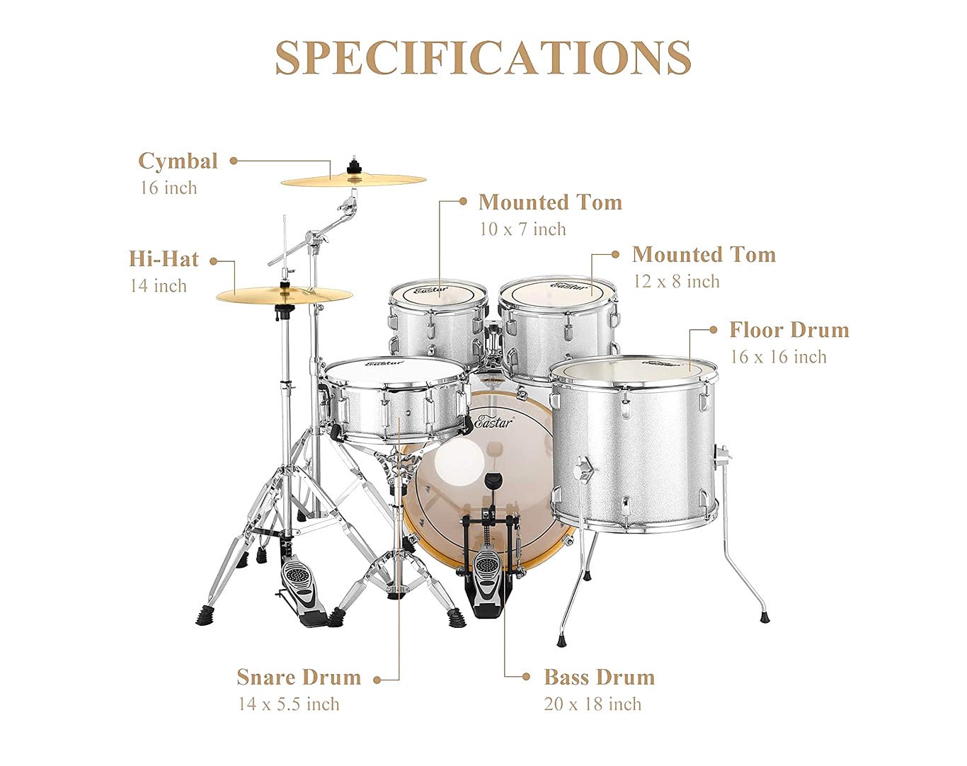 Eastar 5 Piece Birch Acoustic Drum Kit EDS-580 Silver Sparkle