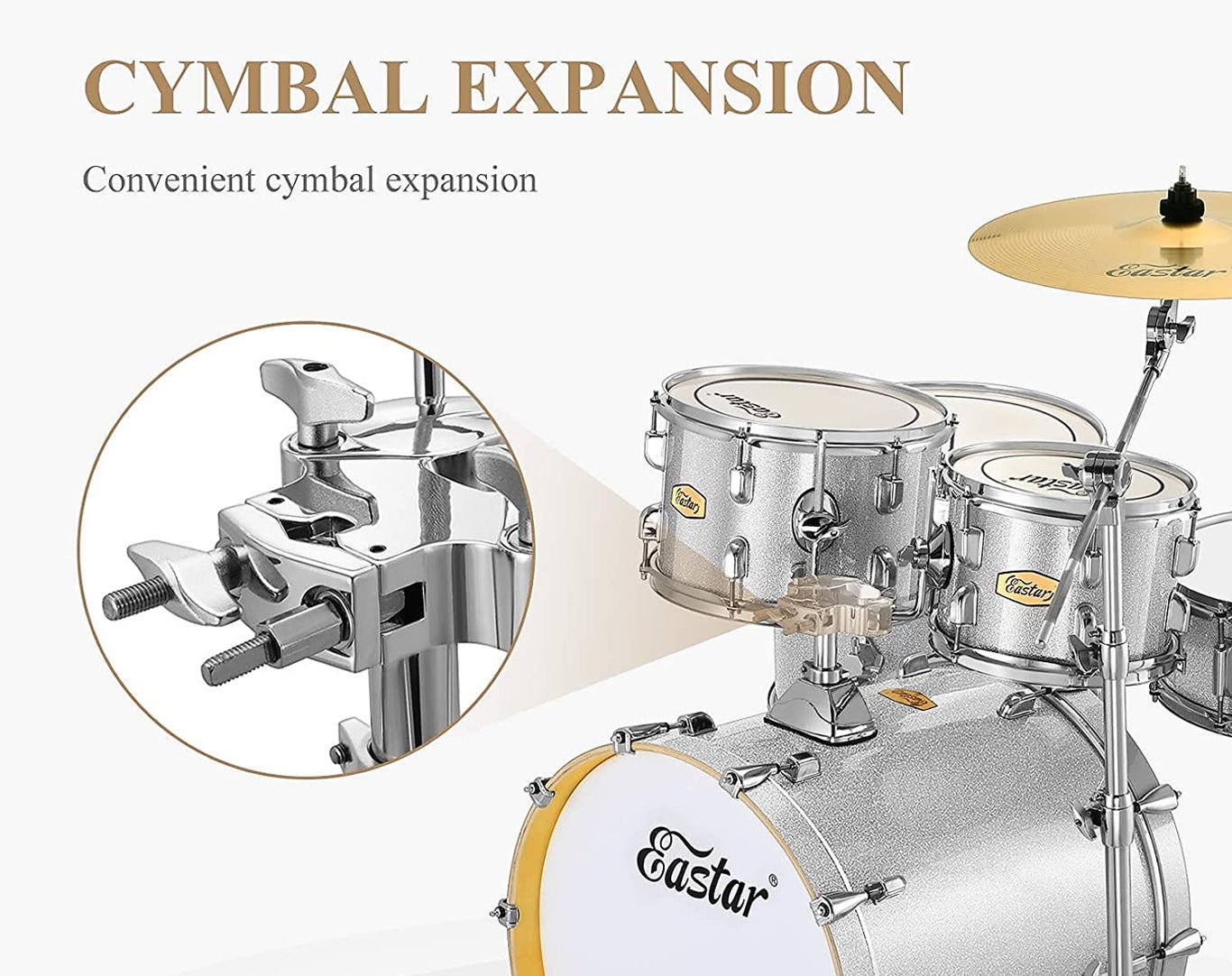 Eastar 5 Piece Birch Acoustic Drum Kit EDS-580 Silver Sparkle