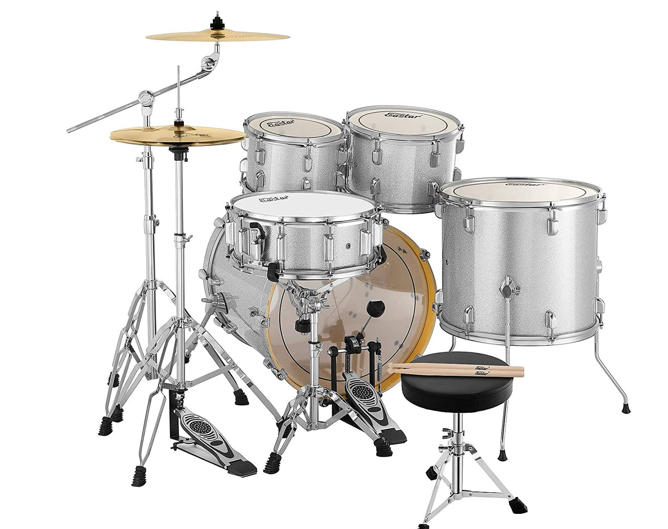 Eastar 5 Piece Birch Acoustic Drum Kit EDS-580 Silver Sparkle