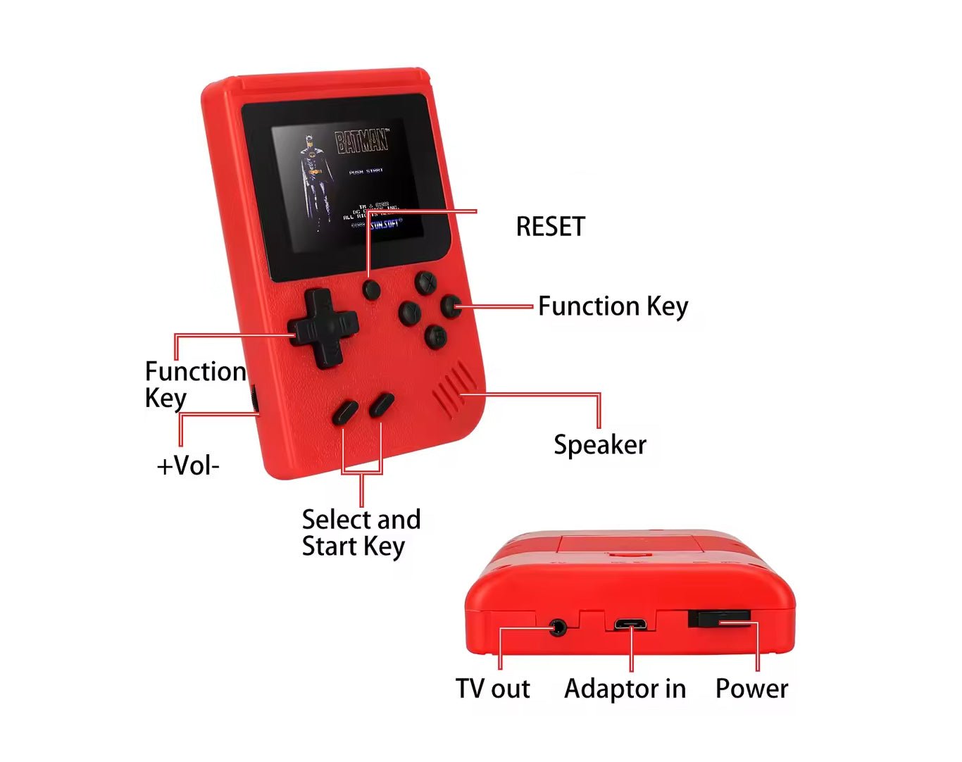 400 Game Handheld Mini Retro Gaming Console 3" Screen Red KOS25002-RED