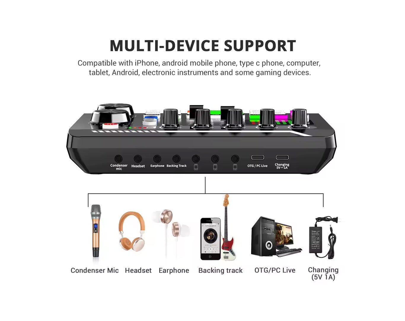 Andowl Portable Sound Card Studio Mixer Sound Effects Q-SK7