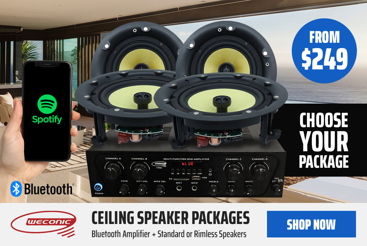 Ceiling speaker package ad showing ceiling speakers with bluetooth amplifier 