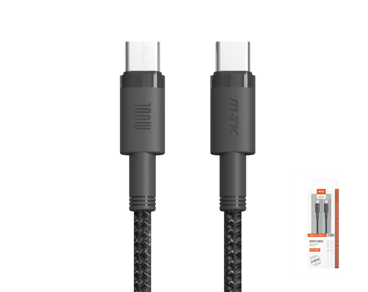Type-C To Type-C Braided Cable 1.5m 100W Sync Charge Laptop Smart Phone USB C Black TB1306