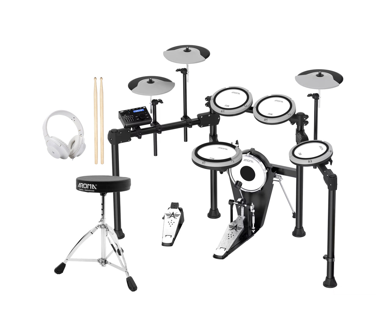 Aroma 5 Piece Premium Electronic Drumkit Package Stool Headphones Drums Practice TDX23II NC3209 TDD10