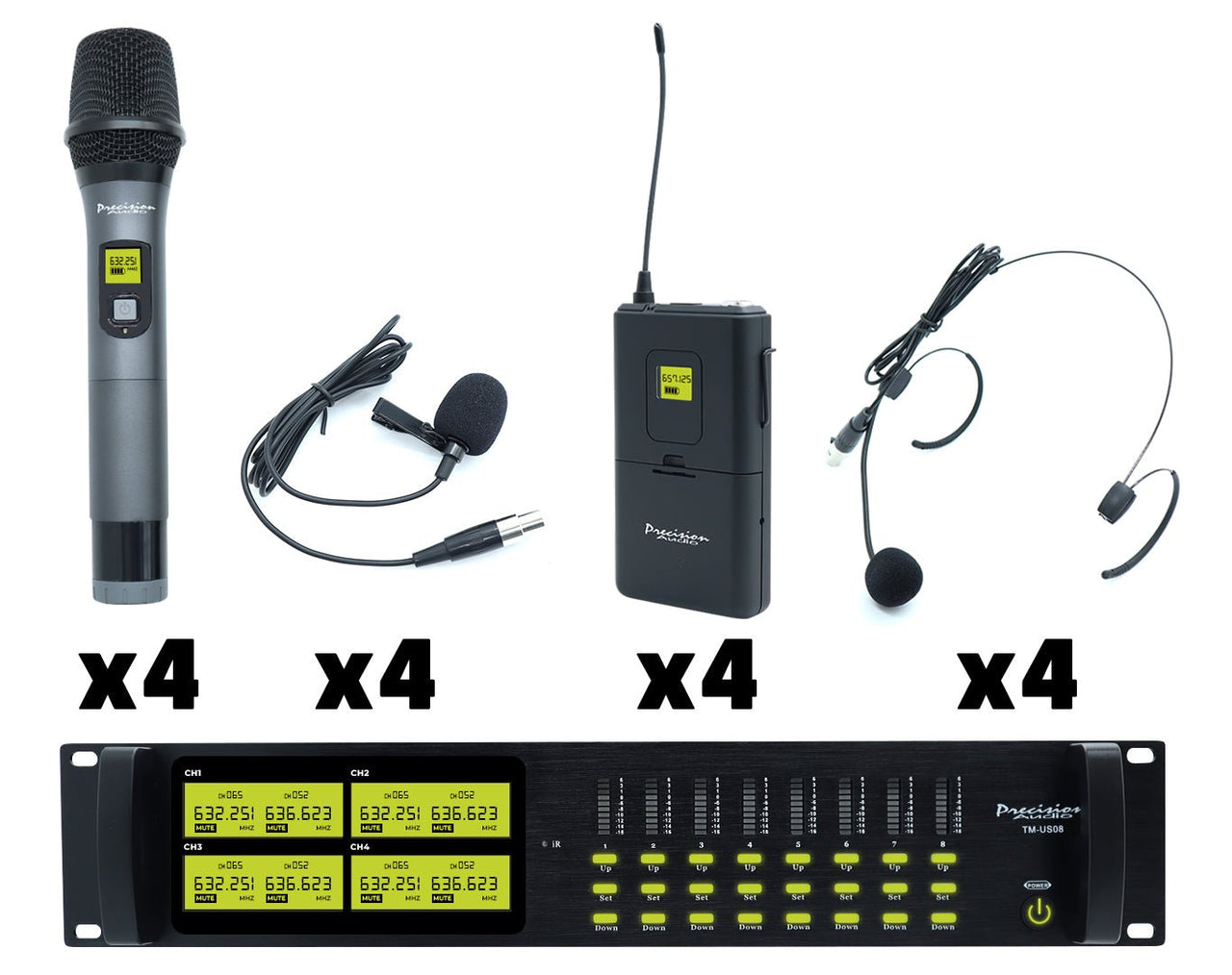 Precision Audio 8 Channel UHF Wireless Microphone System Headset Body Pack Rack Mount LCD Display TMUS08-4&4