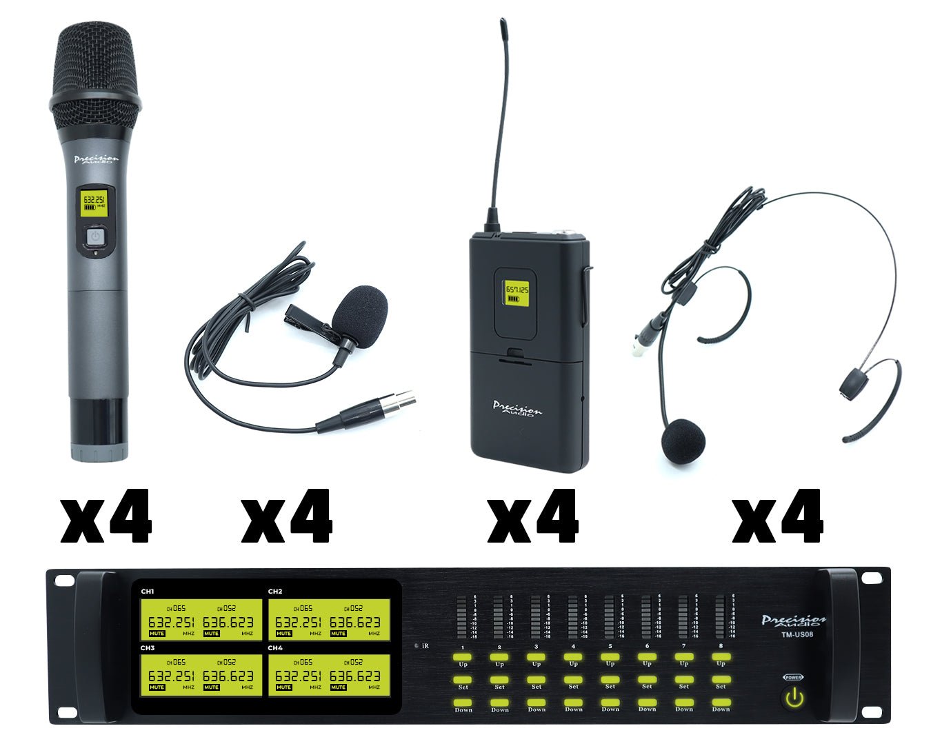 Precision Audio 8 Channel UHF Wireless Microphone System Headset Body Pack Rack Mount LCD Display TMUS08-4&4