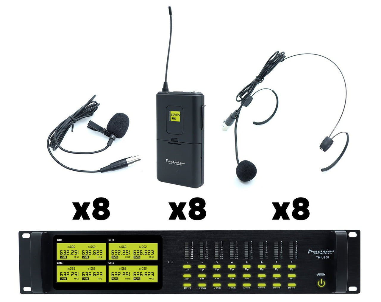 Precision Audio 8 Channel UHF Wireless Headset Microphone System Rack Mount LCD Display TMUS08-HEADSET
