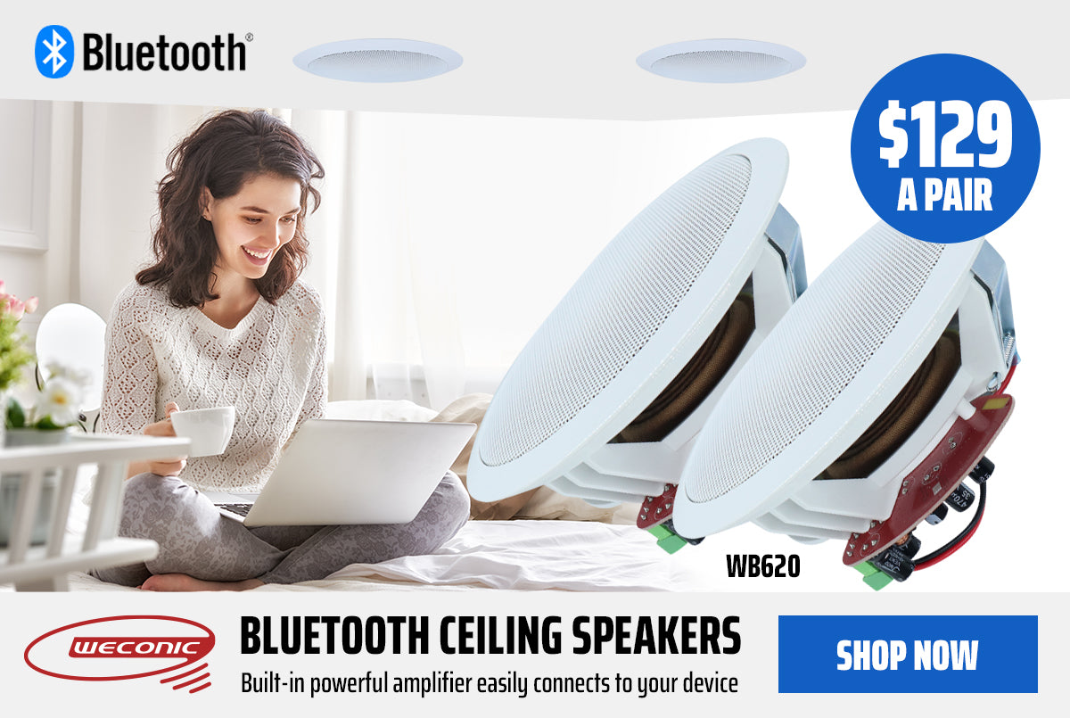 Bluetooth ceiling speakers ad showing lady on bed enjoying music 