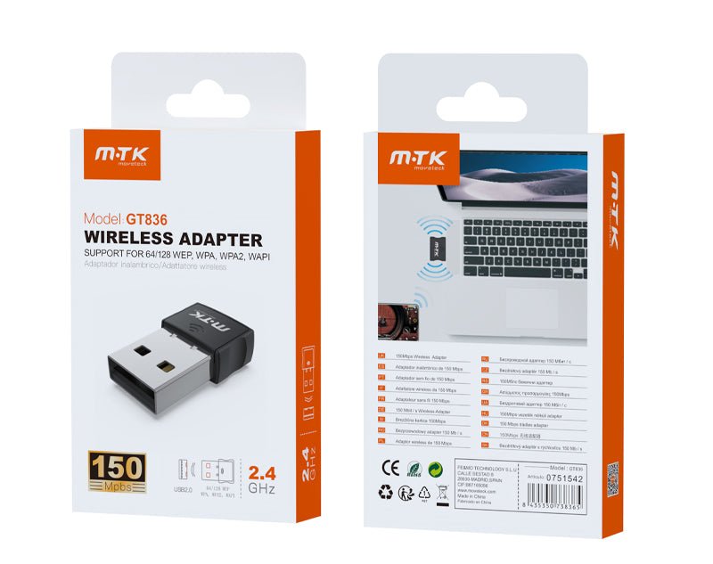 Moveteck Mini Wifi Adapter USB 150Mbps 50m Range Black GT836