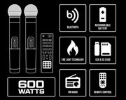 Precision Audio 600W Portable Karaoke Speaker Bluetooth Twin Wireless Microphones LG1200