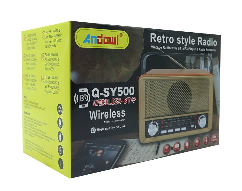 Andowl Portable Retro AM FM SW Radio Bluetooth USB TF Rechargeable Battery Q-SY500 