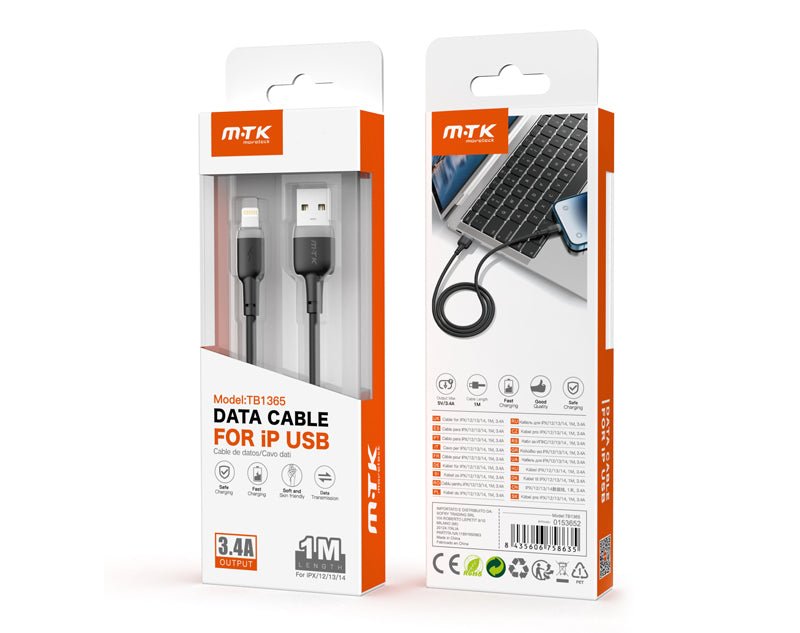 Moveteck iP to USB Data Cable 1m 5V 3.4a White Black TB1365