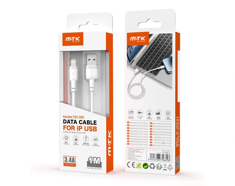 Moveteck iP to USB Data Cable 1m 5V 3.4a White Black TB1365