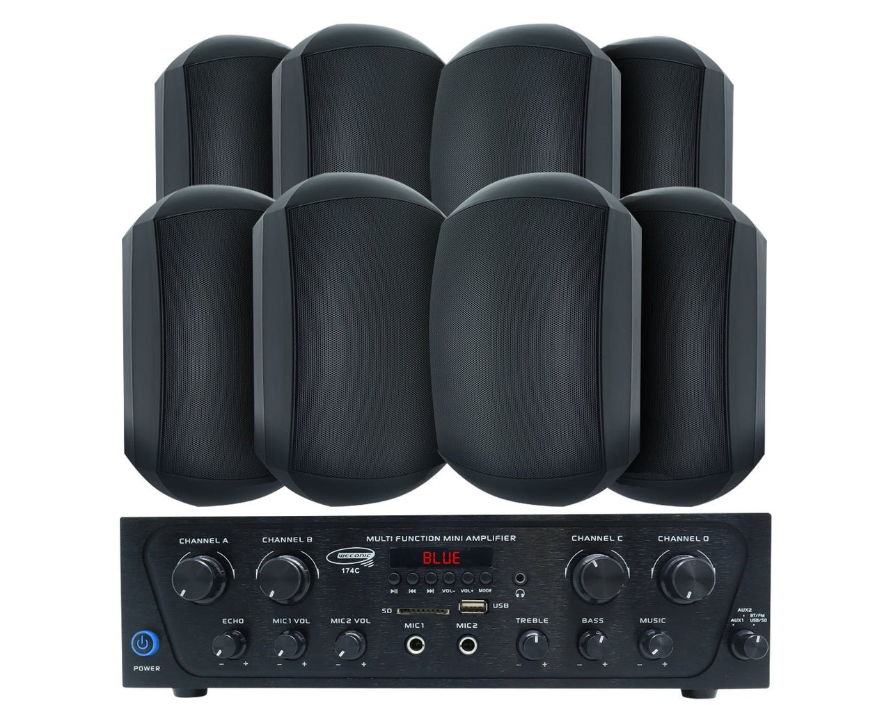 Bluetooth Amplifier + 8x6.5" Outdoor Wall Speaker Package Cafe 174C+4xWTP660BLK