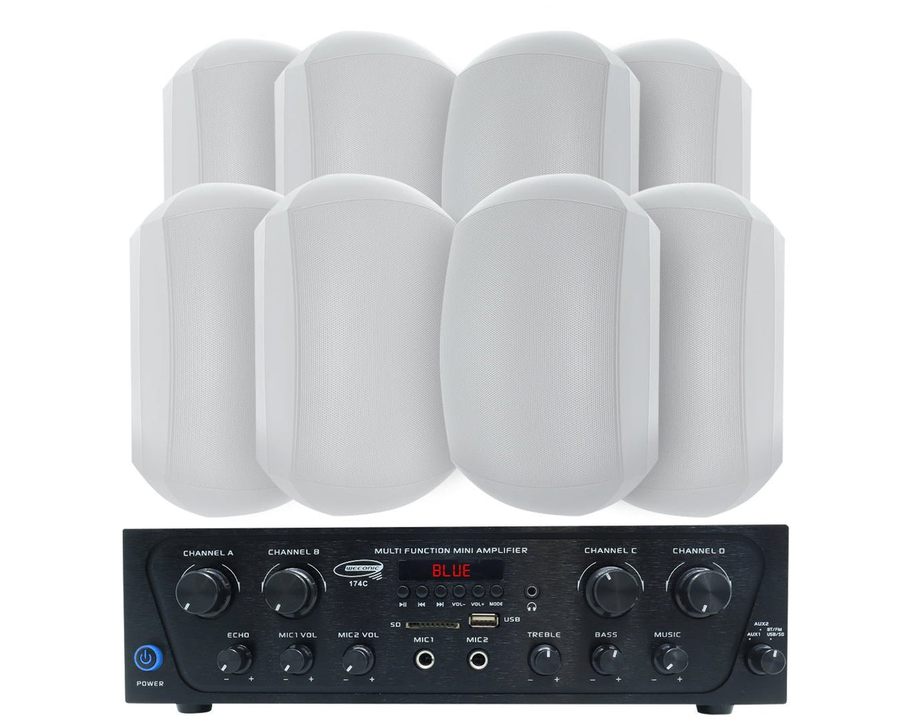 Bluetooth Amplifier + 8x6.5" Outdoor Wall Speaker Package 174C+4xWTP660WHT