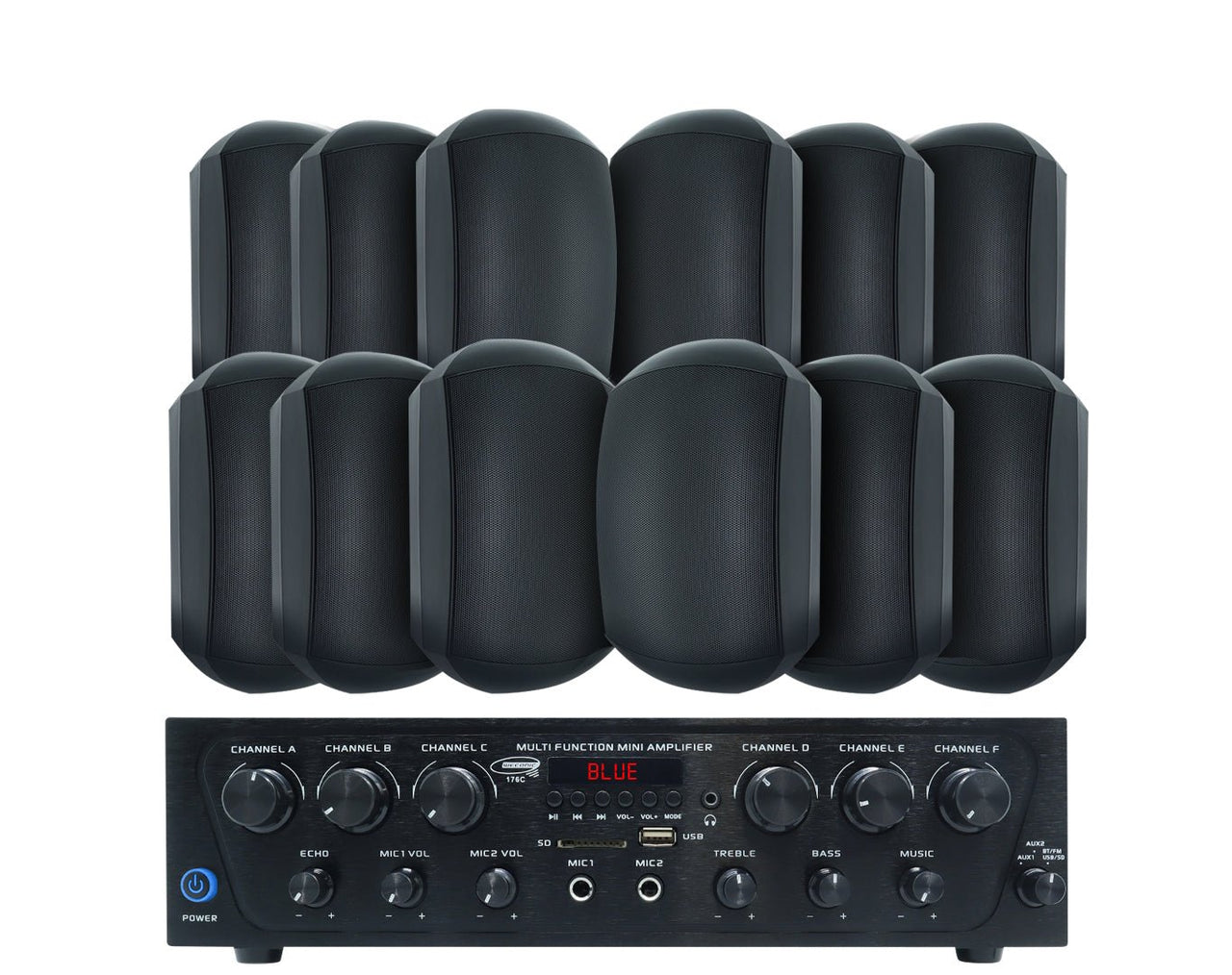 Bluetooth Amplifier + 12x6.5" Outdoor Wall Speakers Cafe 176C+6xWTP660BLK