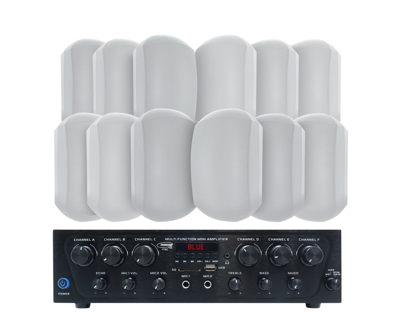 Bluetooth Amplifier + 12x6.5" Outdoor Wall Speakers Cafe 176C+6xWTP660WHT