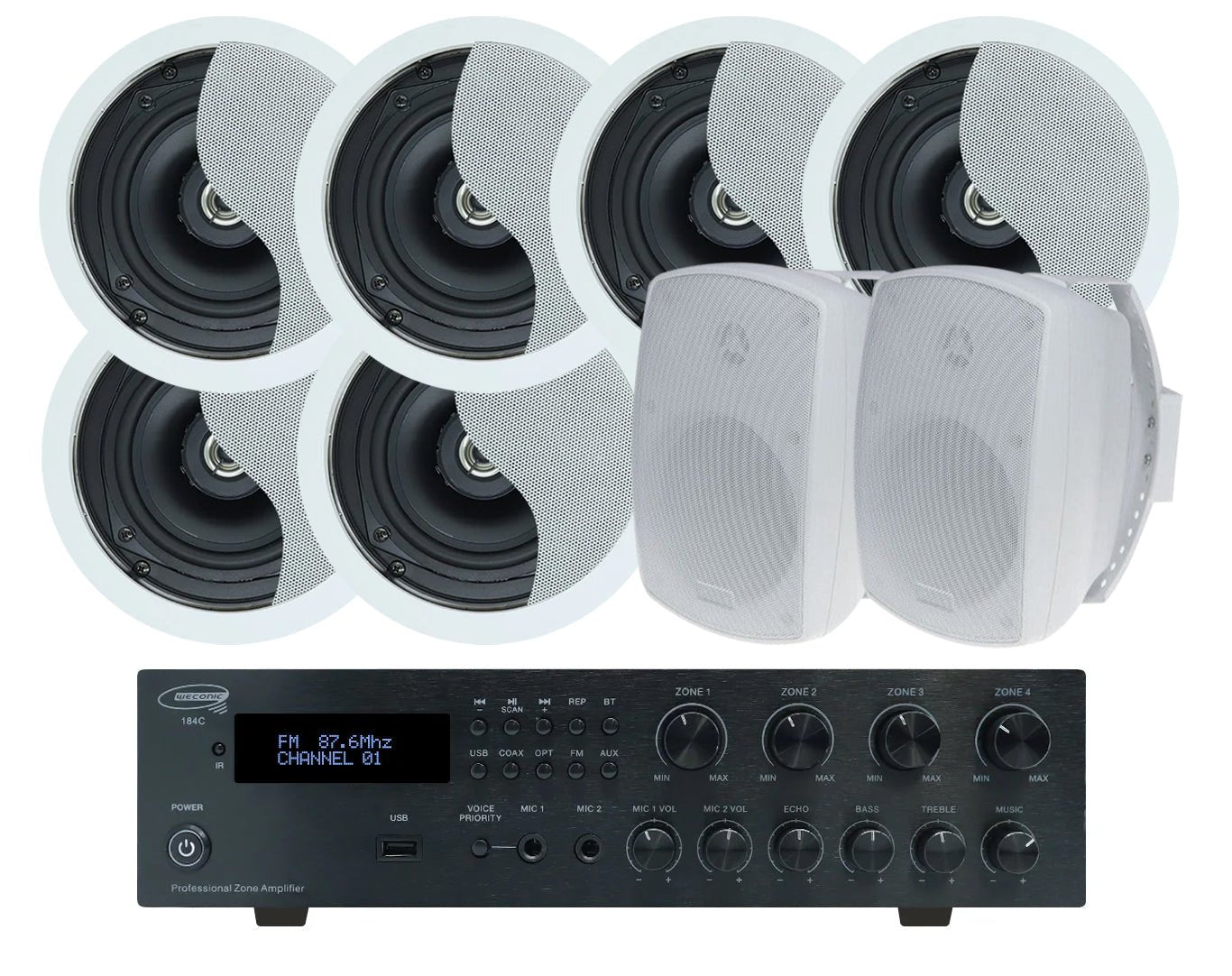 Studio Acoustics 5.25" Indoor Outdoor Ceiling Speaker Package with Bluetooth Amplifier 184C+3xSA350W+SA850W