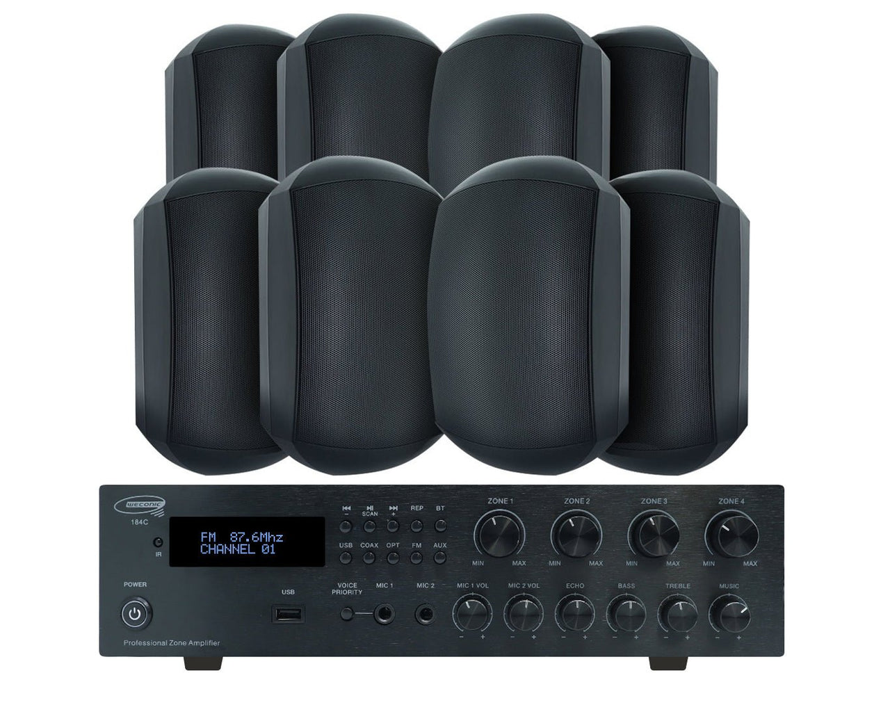 Weconic Outdoor Speaker Package with 320W Bluetooth Amplifier Black 184C+4xWTP660BLK