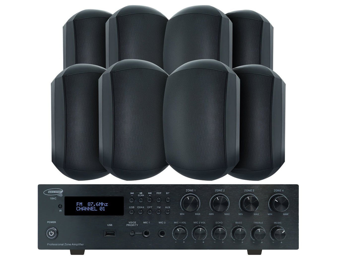 Weconic Outdoor Speaker Package with 320W Bluetooth Amplifier Black 184C+4xWTP660BLK