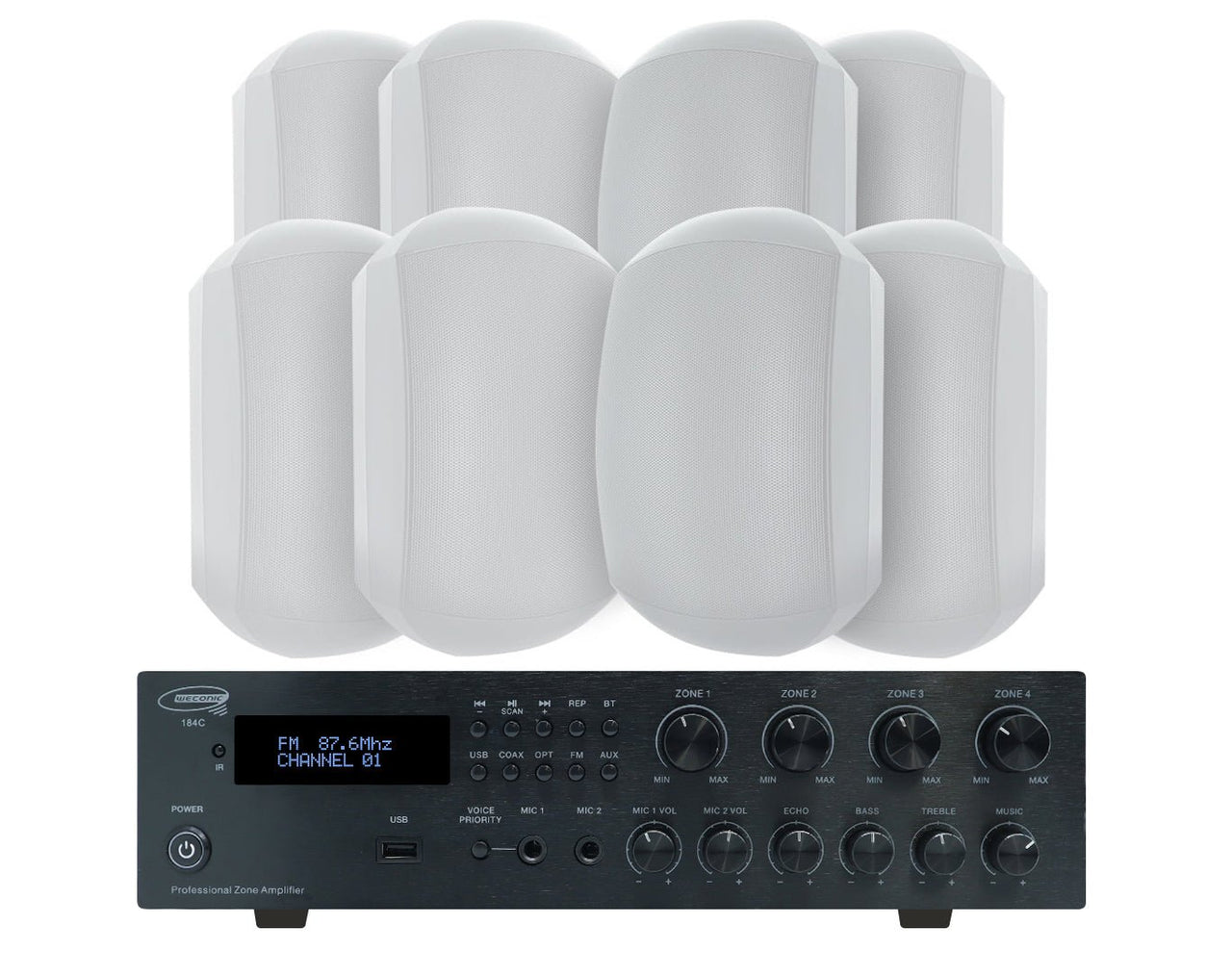 Weconic Outdoor Speaker Package with 320W Bluetooth Amplifier White 184C+4xWTP660WHT