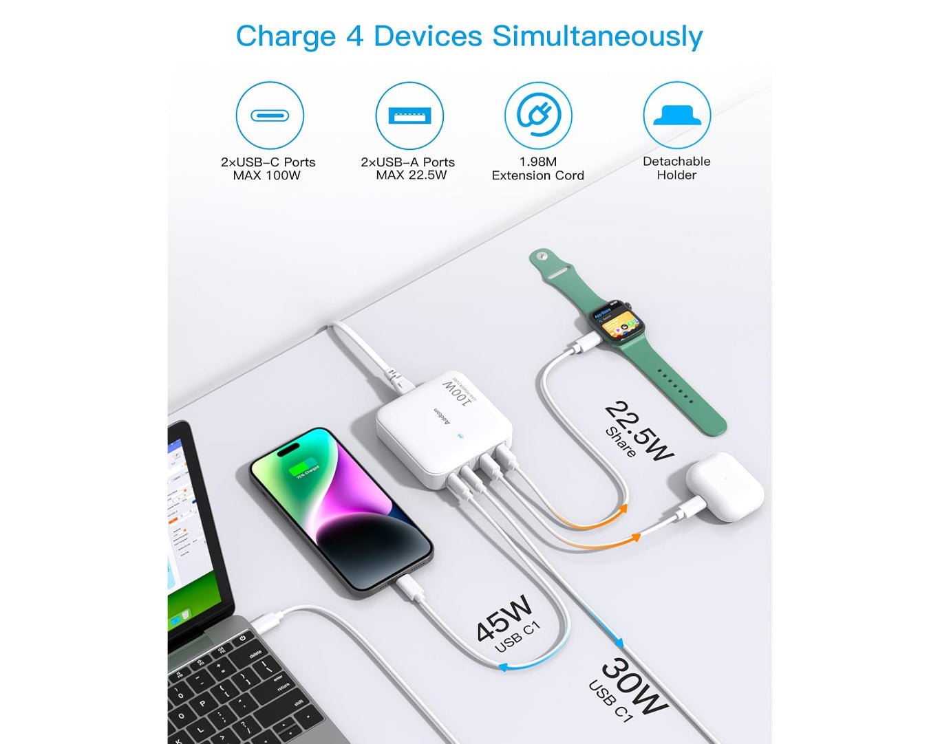 Addtam 100W 4 Port Charging Station Type-C USB Laptop Phone Charger ADDTAM100W