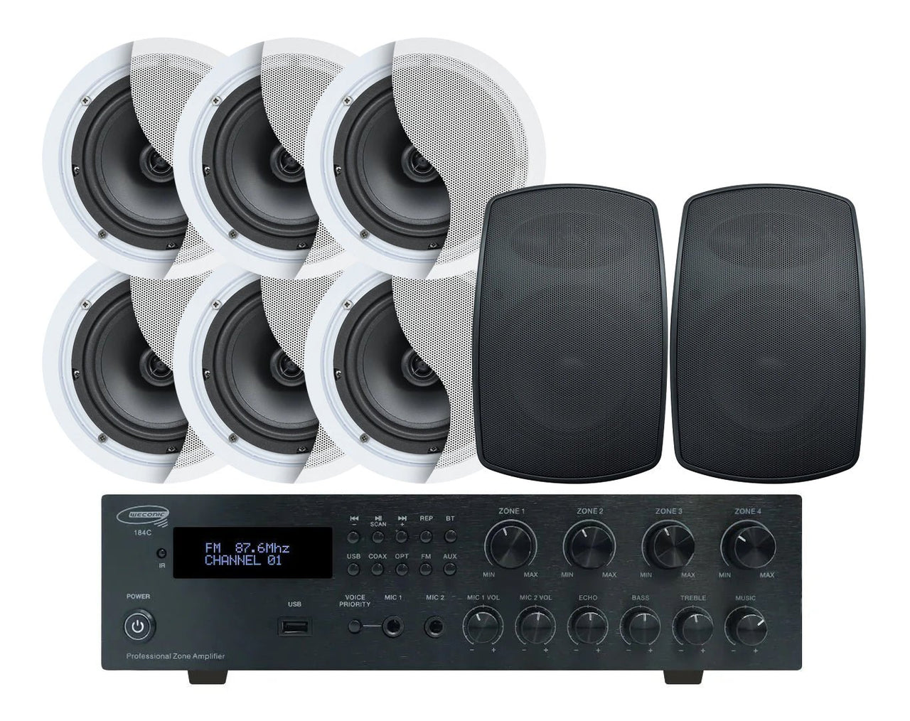 Weconic Indoor Outdoor Ceiling Speaker System Black 320W Bluetooth Amplifier 184C C62 SA850B