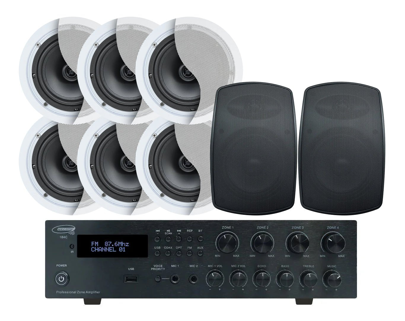 Weconic Indoor Outdoor Ceiling Speaker System Black 320W Bluetooth Amplifier 184C C62 SA850B