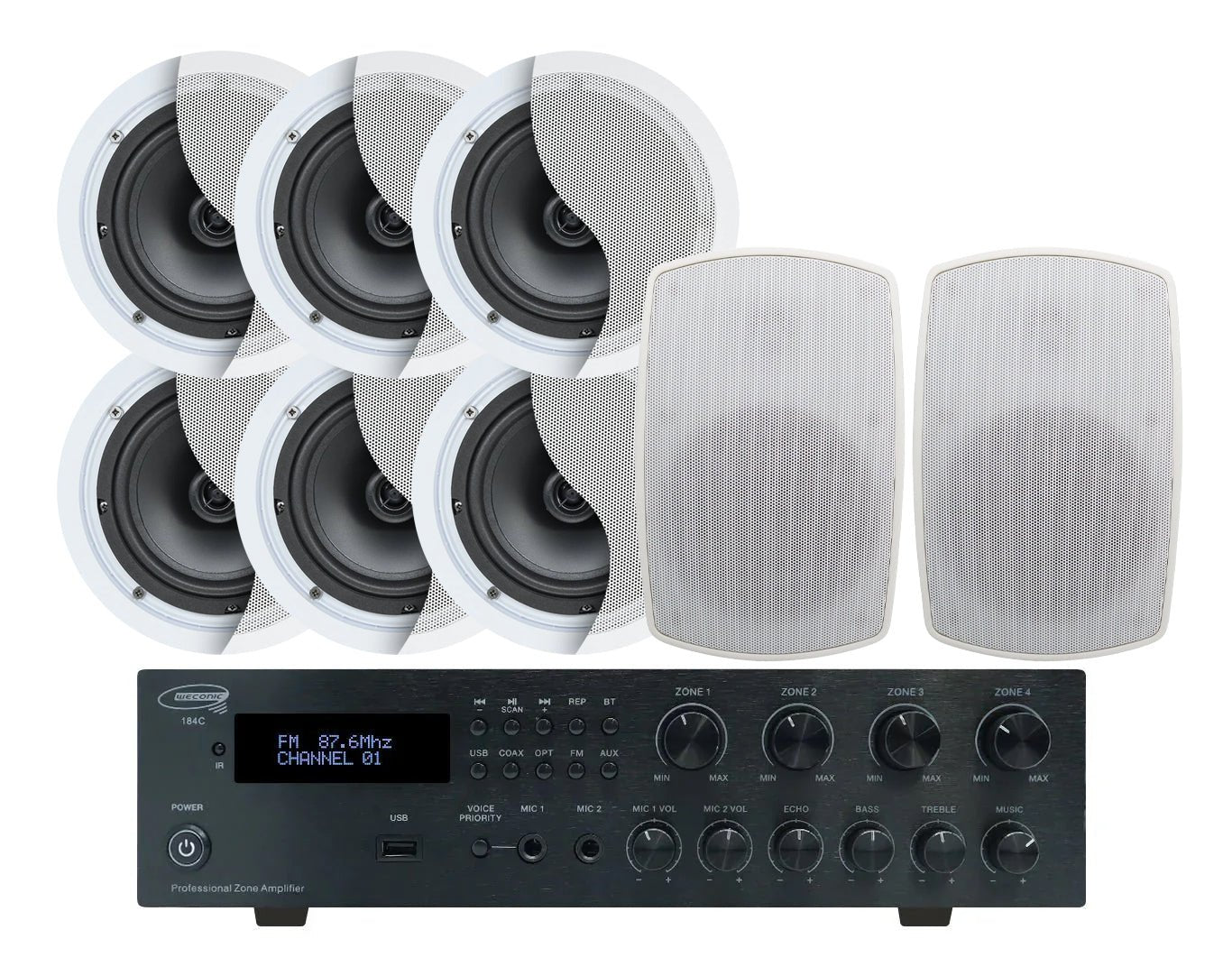 Weconic Indoor Outdoor Ceiling Speaker System White 320W Bluetooth Amplifier 184C C62 SA850B