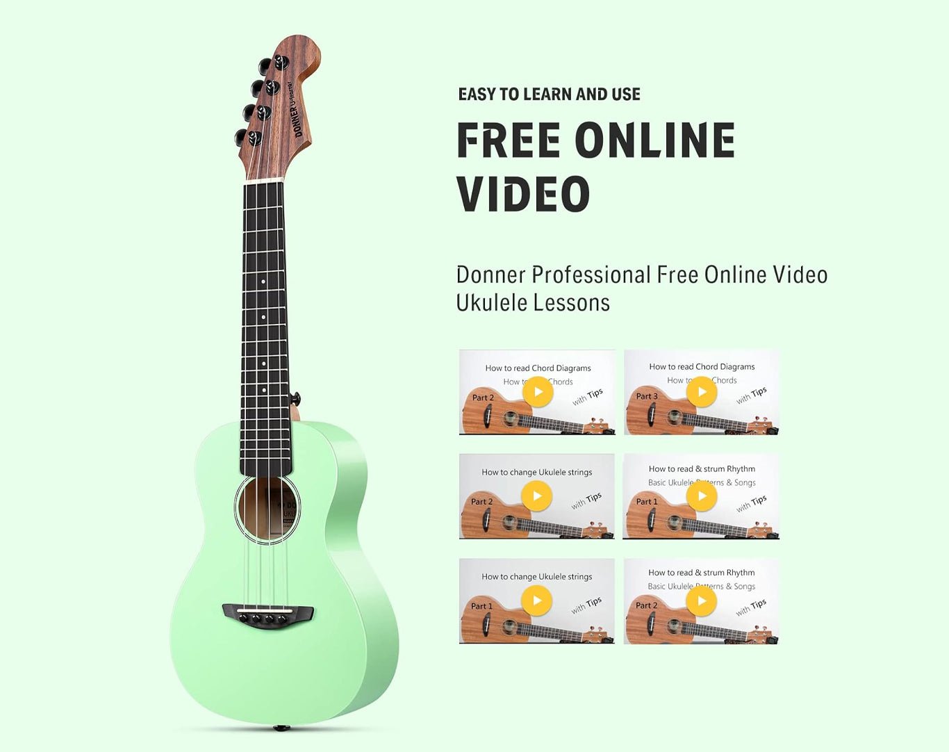 DONNER 23" Maple Concert Ukulele 4 String Bundle Green DUC-230G