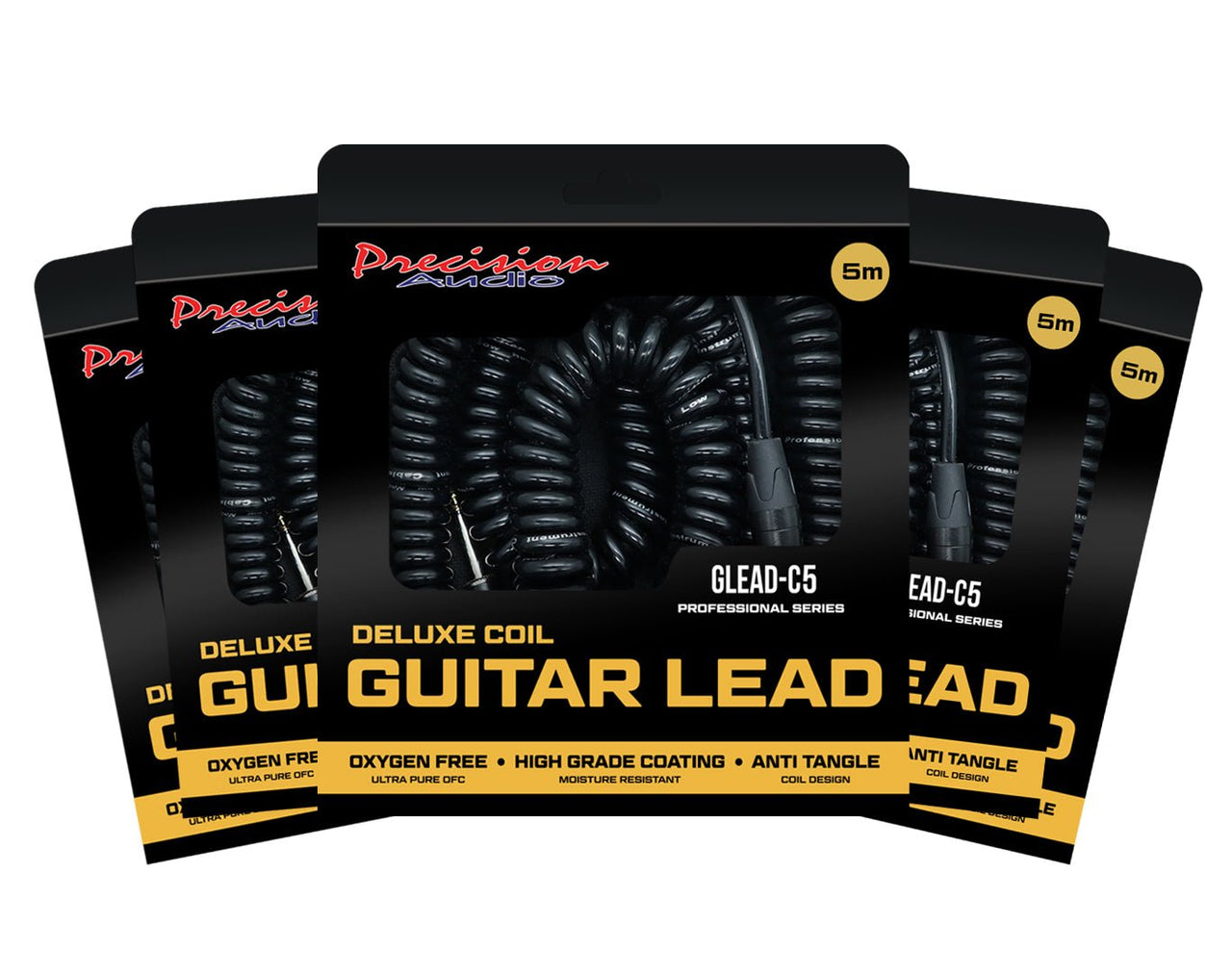 Precision Audio 5 Pack 5m Guitar Coil Cable 1/4" Jack Premium Lead GLEADC5X5