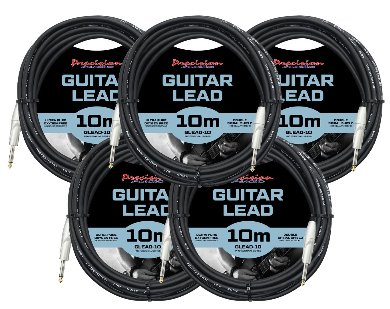 Precision Audio 5 Pack 1/4" To 1/4" 6.35mm Studio Stage Guitar Lead 10m GLEAD10