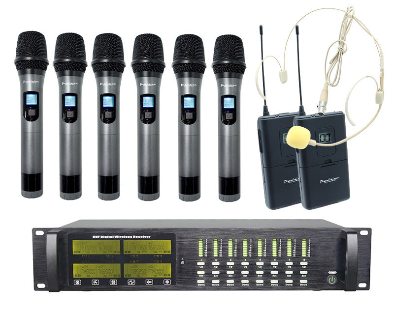 Precision Audio 8 Channel UHF Wireless Microphone System Headset Body Pack Rack Mount LCD Display TMUS08-6&2 