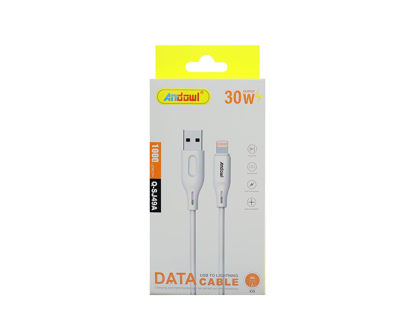 Andowl Lightning to USB Cable Fast Charge 1m Length White Q-SJ49A