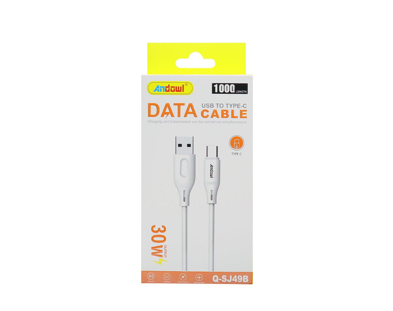 Andowl Type-C to USB Cable Fast Charge 1m Length White Q-SJ49B