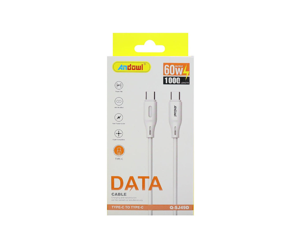 Andowl Type-C to Type-C USB Cable Fast Charge 1m Length White Q-SJ49D