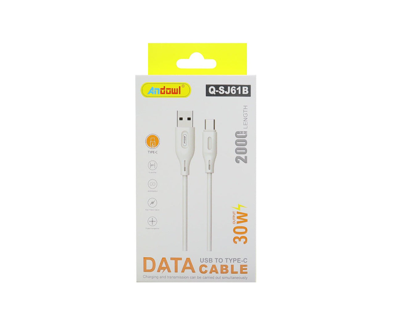 Andowl USB to Type-C To Fast Charge 2m Length White Q-SJ61B