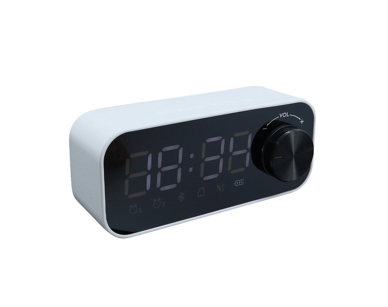 Digital Display Clock Bluetooth Speaker Dual Alarm Rechargeable Battery White S923-WHT