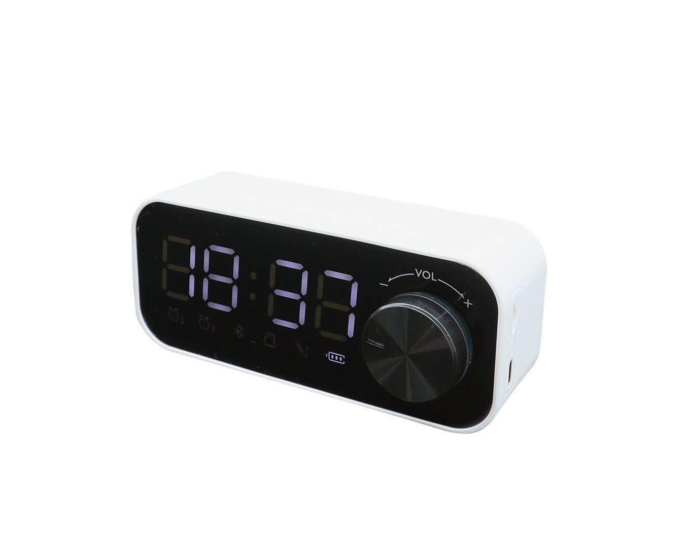 Digital Display Clock Bluetooth Speaker Dual Alarm Rechargeable Battery White S923-WHT