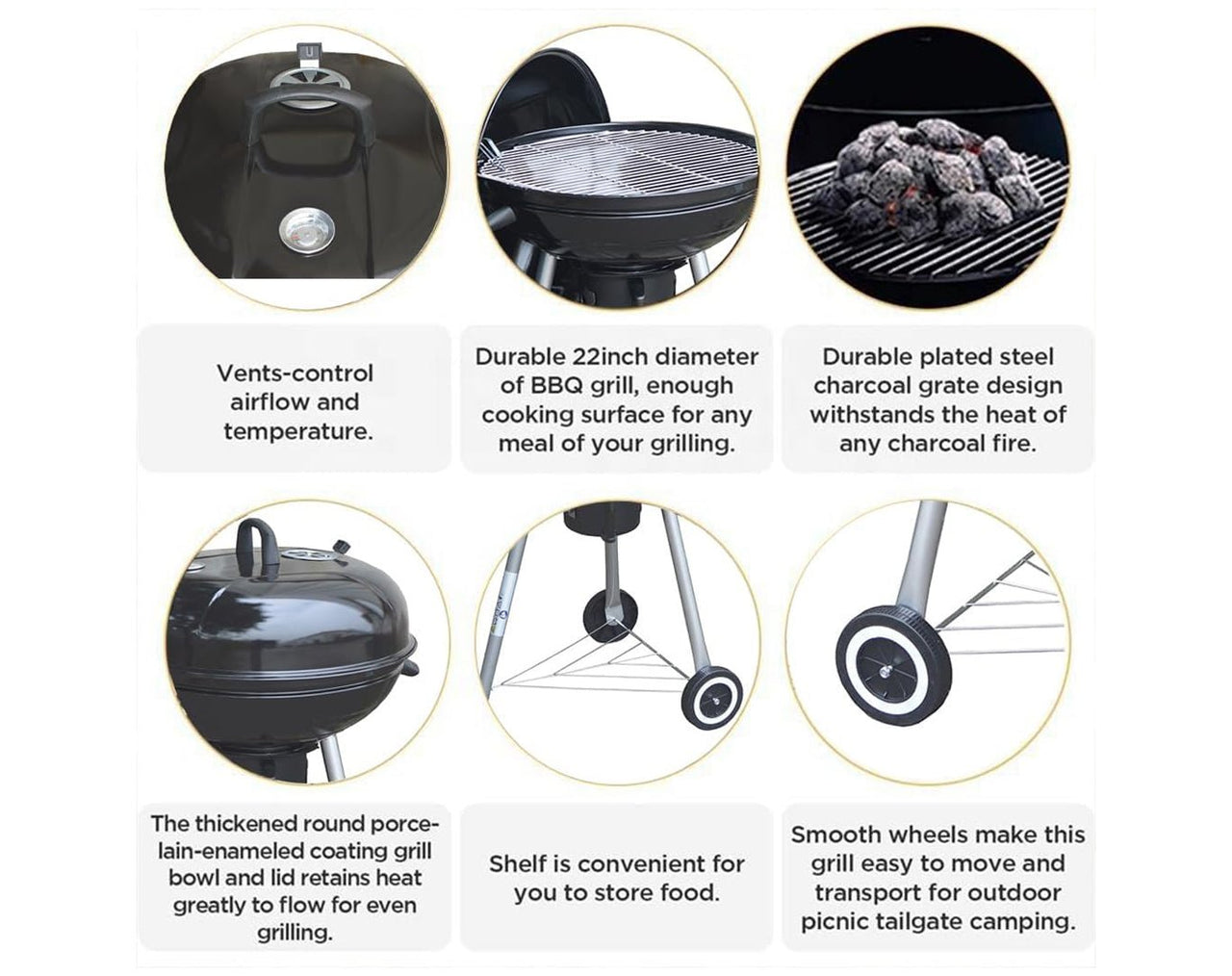 56cm Kettle Charcoal BBQ Portable on Wheels S985